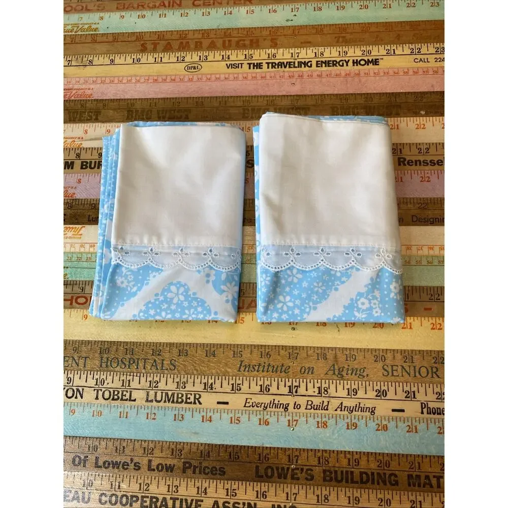 Vintage Wamsutta ultracale standard Pillowcase blue floral eyelet trim Retro